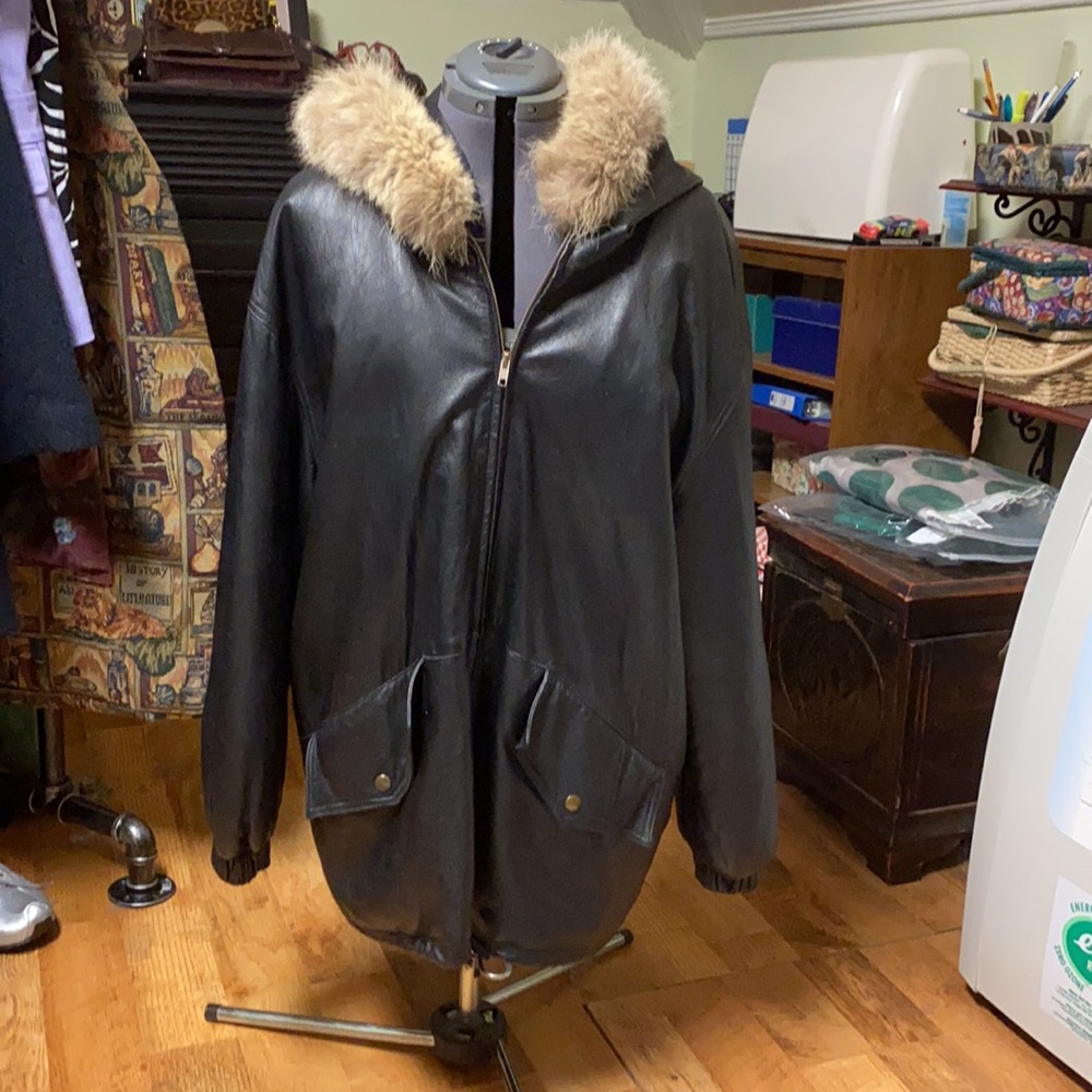 Ann Taylor Black Leather Jacket with Fur Hood